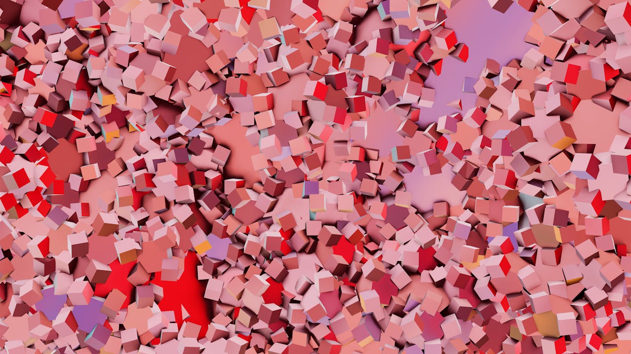 Dynamic abstract art with red and pink cubes in 3D, showcasing vibrant geometry.