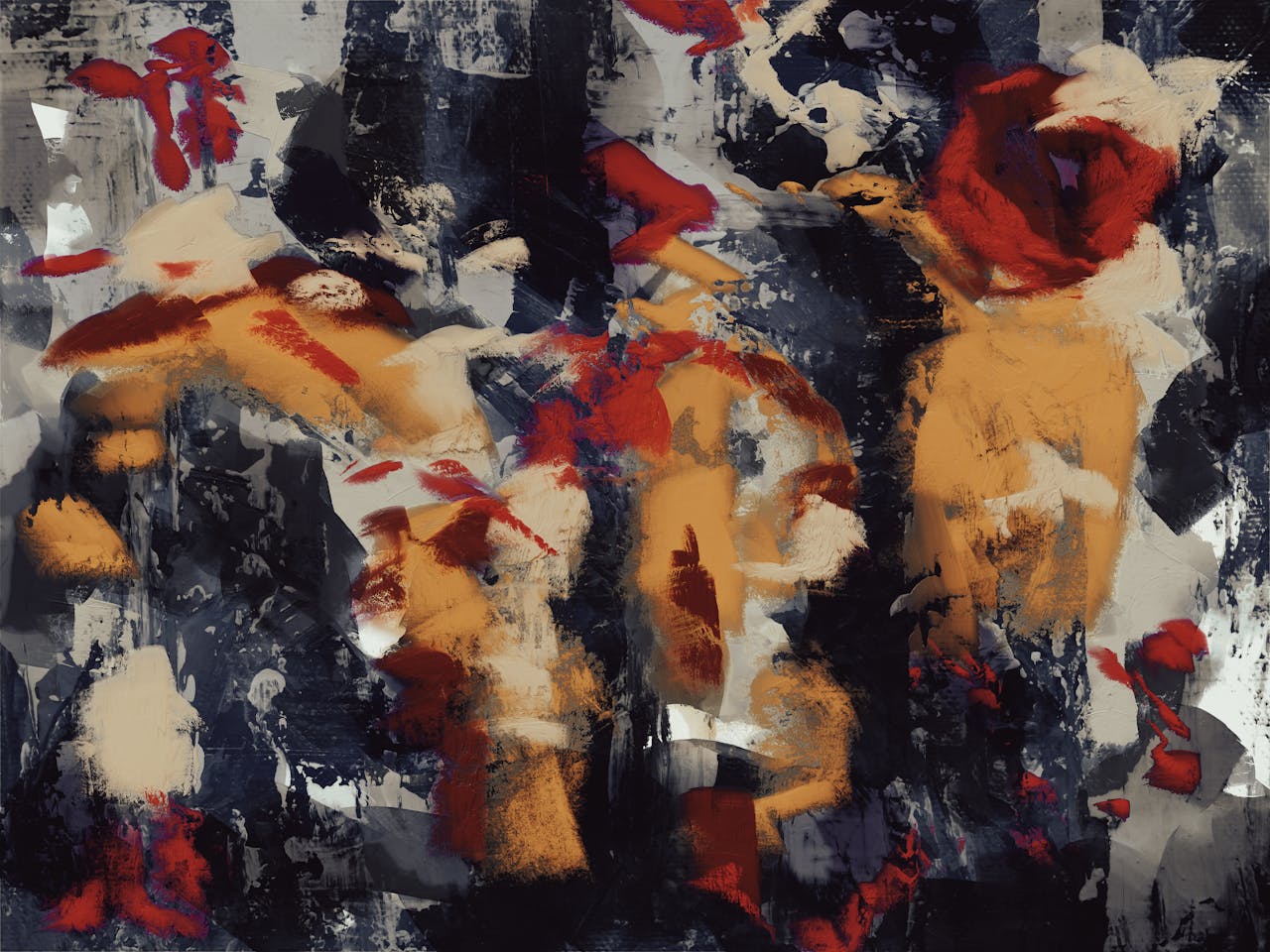 Dynamic abstract expressionist artwork with bold colors and textures.