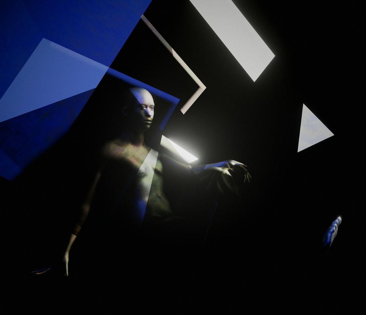 Modern art piece featuring geometric shapes and male model in dim lighting.